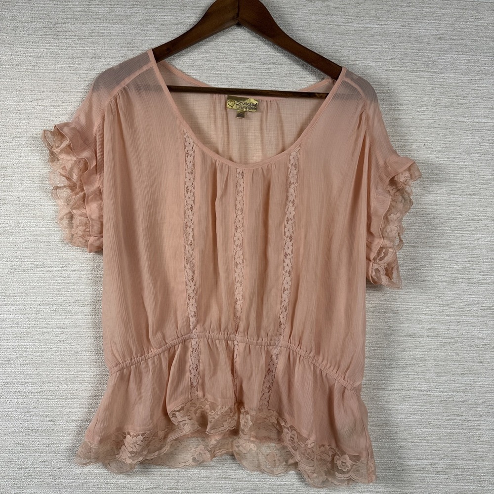 Princess Vera Wang XL Peach Sheer Crinkle Lace Ruffle Blouse Cottagcore Coquette